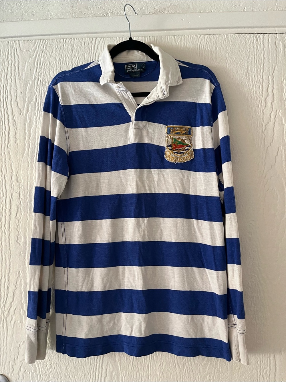 Polo by Ralph Lauren Blue and White Striped Rugby Shirt with Crest